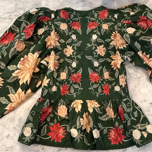 FARM Rio Green Floral V-Neck Puff Sleeve Blouse - Picture 8 of 8